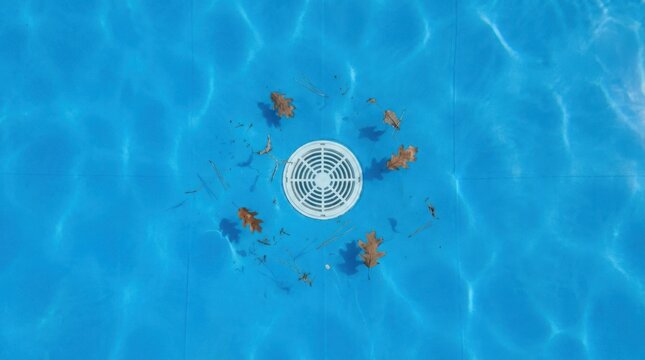 Top view of circular pool drain cover on deep blue water with scattered autumn leaves resting at swimming area.