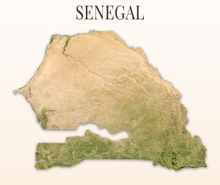 Senegal Shaded Relief Map. Hillshaded physical terrain map illustration. Light background with title. Illustration elements derived from NASA Imagery and NASADEM Global Elevation Model.