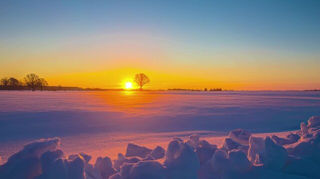 View of a snowy field at sunset with a lone tree on the horizon in Riga, Latvia.