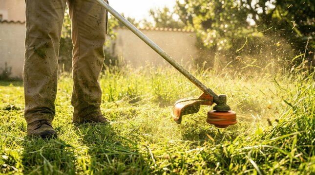 Unrecognizable gardener mowing the lawn with a string trimmer. lawn mower cutting grass in the garden.