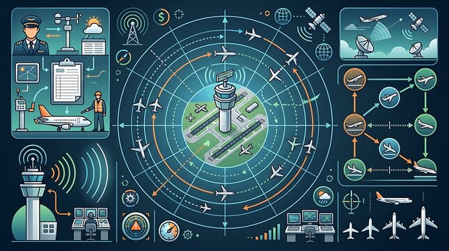 Air traffic control system infographic with radar and airport icons