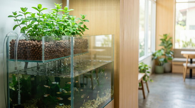 Aquaponics system with growing mint plants above fish tank, indoor eco-friendly setup for sustainable living.