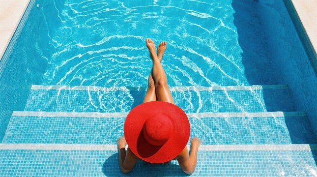 Young woman wearing large red sun hat relaxing on swimming pool steps during luxury summer vacation at resort.