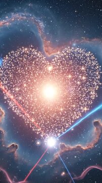 Beautiful cinematic animation of a glowing heart shaped nebula formed by sparkling stars in deep space.