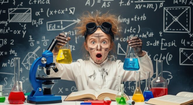 Funny Young Girl Scientist with Messy Hair and Soot on Face After Failed Chemistry Experiment