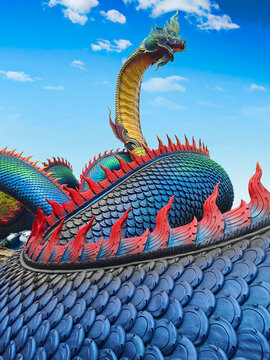 Giant Thai dragon serpent sculpture, sacred Naga statue in Thailand landmark