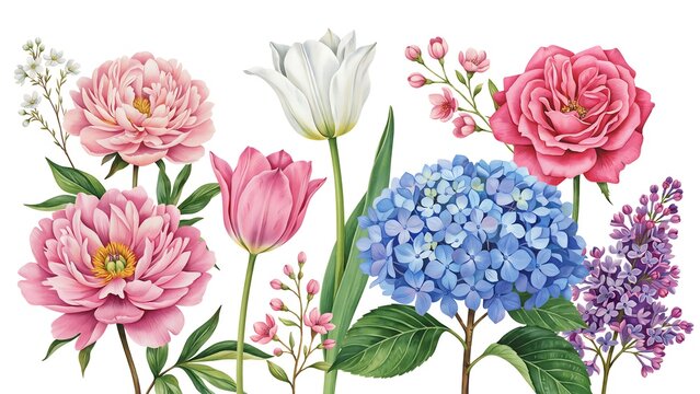 Beautiful bouquet of colorful pink peonies and blue hydrangea flowers