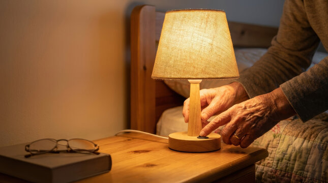 Aging elder care population bedside lamp warm light senior hand bedroom nightstand support