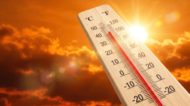Heatstroke thermometer heat sunlight summer hot heatstroke warning via thermometer. Summer heat wave stroke. hot sun sunlight climate temperature, exhaustion fatigue sick thirsty, care safety