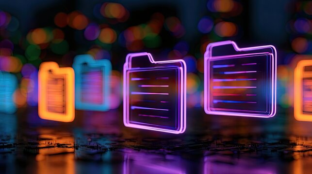 Illuminated digital folders glowing with neon light on a dark, blurred background