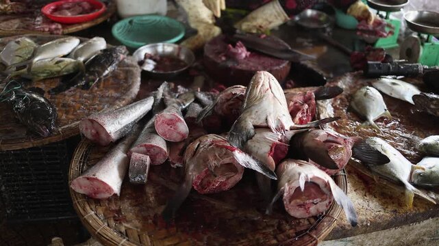 Sliced fish heads and raw steaks displayed on wicker tray at Vinh Hai market in Nha Trang, Vietnam. High angle view of butchered fresh marine fish at traditional Asian seafood wet market stall.