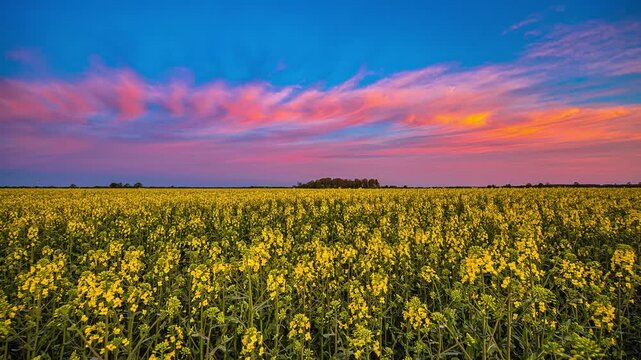 View of a vibrant field of yellow rapeseed flowers stretching to the horizon under a dramatic sunset sky with pink and blue clouds in Riga, Latvia.