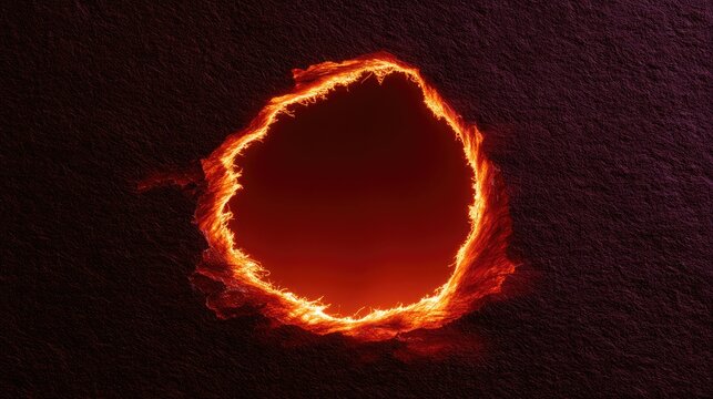 A dark, textured surface with a glowing, fiery portal in the center