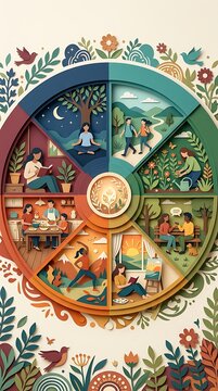 Wellness wheel showing healthy habits in papercut style