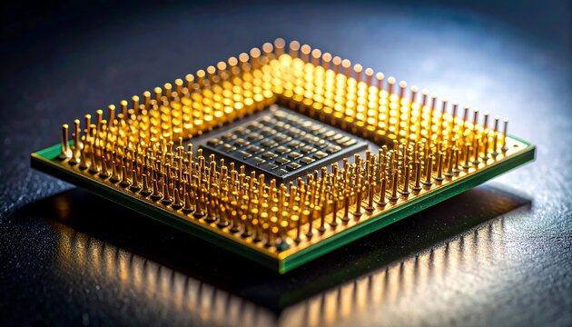 Detailed Close Up of Computer CPU Microchip Processor Gold Pins