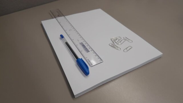 Top view of a hand removing paper clips one by one from a stack of blank papers with a blue pen and transparent ruler on an office desk, representing organization, planning and documentation.
