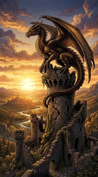 Majestic dragon perched on a ruined castle tower at sunset