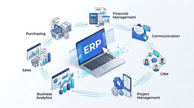 Isometric Enterprise Resource Planning ERP Software Integration for Business Management and Automation