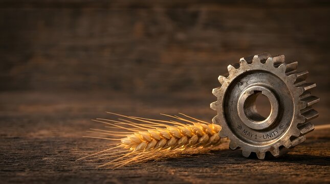 Metal gear and golden wheat ear on wooden table symbolizing modern agriculture and farming industry