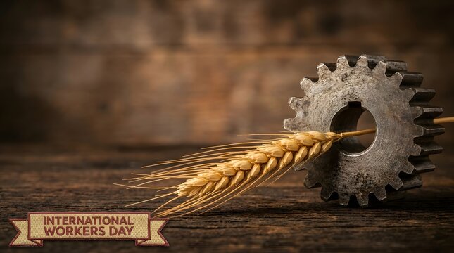 Metal gear and golden wheat ear on wooden table symbolizing modern agriculture and farming industry
