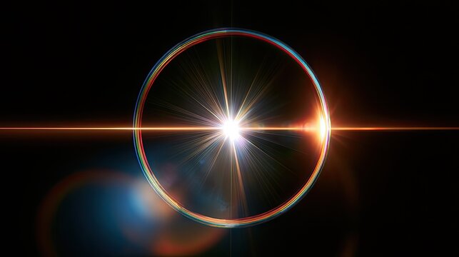 Bright solar flare with ring of light and lens flares on black