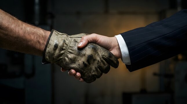 Handshake between a manual worker in a dirty glove and a businessman in a suit