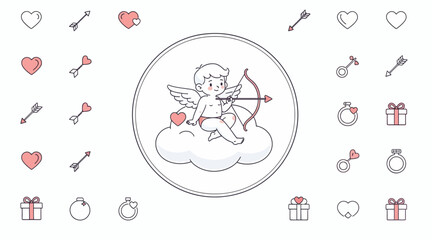 Obraz premium Cute Cupid with Bow and Arrow, Valentine's Day Icons Background