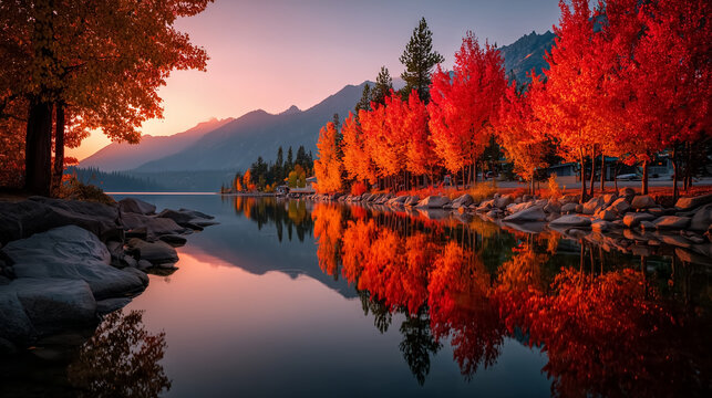 Stunning autumn forest reflected on a calm lake, featuring vibrant maple foliage in brilliant shades of red, orange, and yellow surrounded by evergreen trees