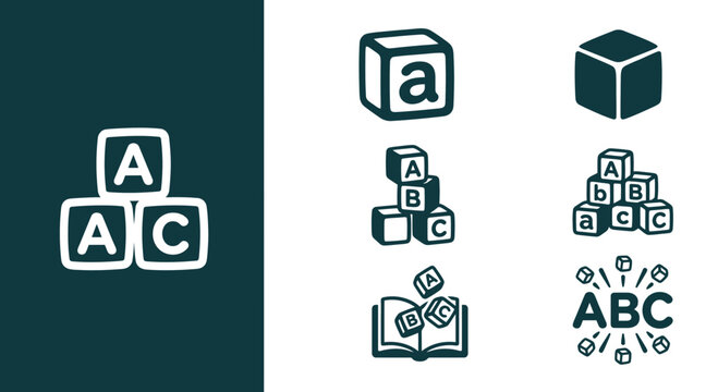 Minimal monochrome dark teal ABC blocks icon set with alphabet cubes, stacked blocks, and educational symbols. Flat vector SVG style on white background for school and childhood design.