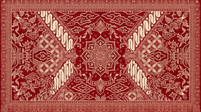 Traditional Indonesian batik seamless pattern in red and cream with floral and mandala ornaments