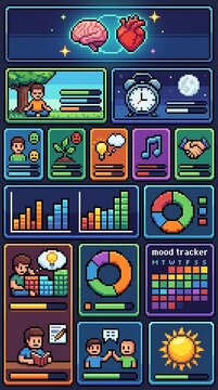 Mental health and habit tracker dashboard in pixel art style