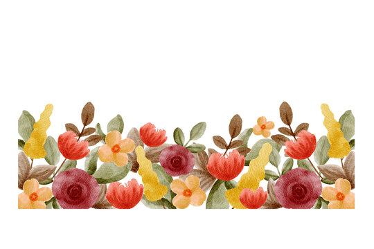 Watercolor autumn floral border with red roses and fall foliage