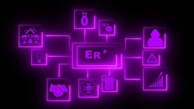 ERP software architecture diagram presented in glowing purple neon style outlines the essential modules and data connections necessary for integrated enterprise resource planning within modern.