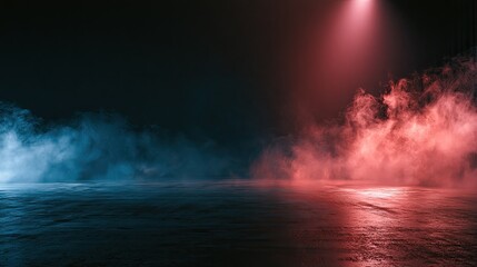 Obraz premium Ethereal mist swirls under contrasting red and blue spotlight illumination