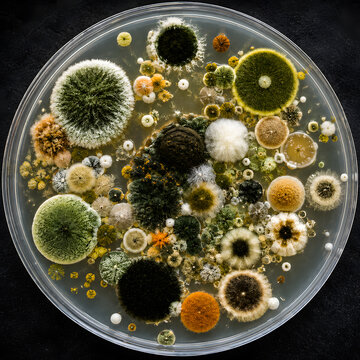 Petri dish containing diverse fungal and mold colonies with varied colors and textures, demonstrating microbial growth, environmental microbiology, and laboratory culture analysis.