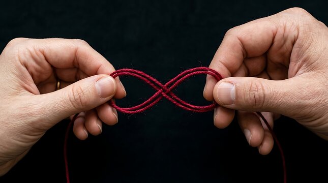 Two hands holding a red string shaped into an infinity symbol against a dark background, representing endless connection.
