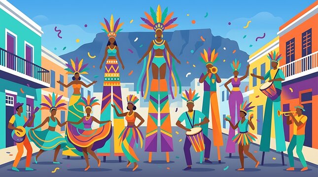 Vibrant carnival street festival with dancers and stilt walkers