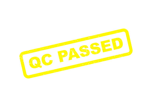 Yellow qc passed rubber stamp icon with a grunge texture effect for documents isolated on transparent background