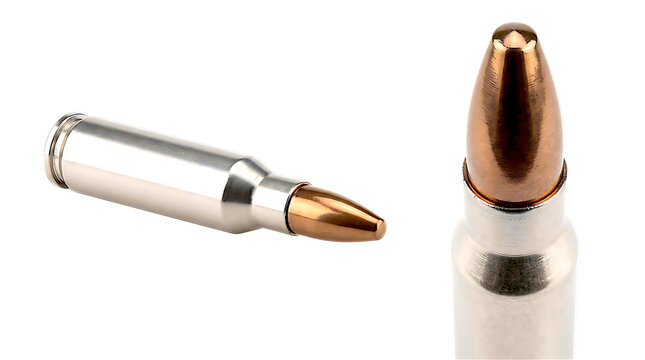 Ammunition rifle bullet set isolated on transparent background with brass tip and silver casing realistic firearm projectiles in side and top perspective views for military weapon equipment.