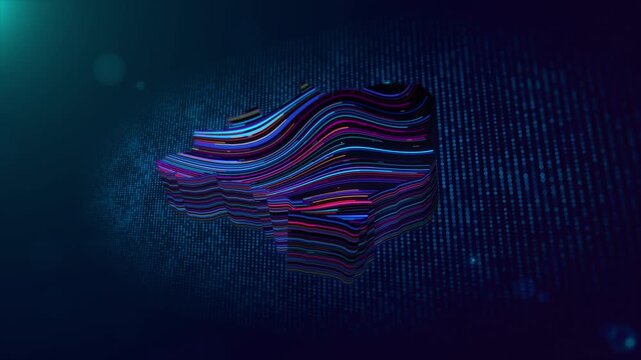 Modern animated technology background featuring a glowing Brazil map reveal with colorful wavy line texture, particle grid, depth of field, bokeh, and cinematic neon lighting effects.