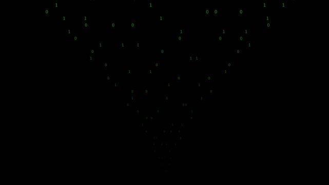 Green binary code digits falling in a triangular cascade pattern on a black background