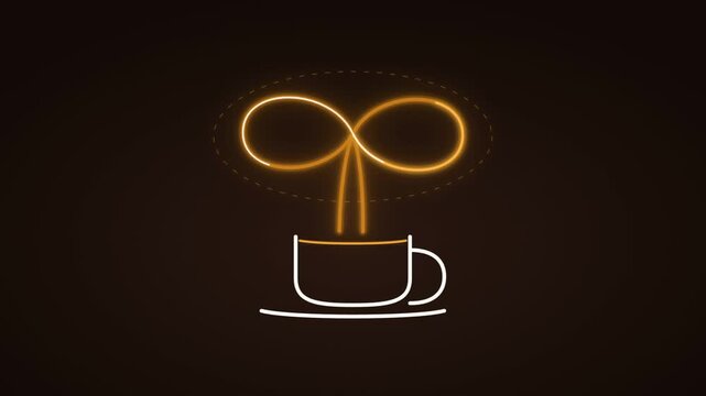 Glowing neon coffee cup with infinity steam animation on dark background.