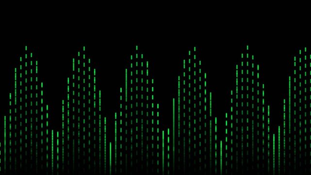 Green digital audio equalizer waves pulsing in a matrix style against a black background