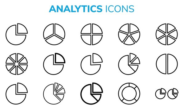 Collection of various pie chart analytics icons for business data and financial reporting analysis