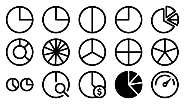 Set of various pie chart icons for business data analysis and financial reporting graphics