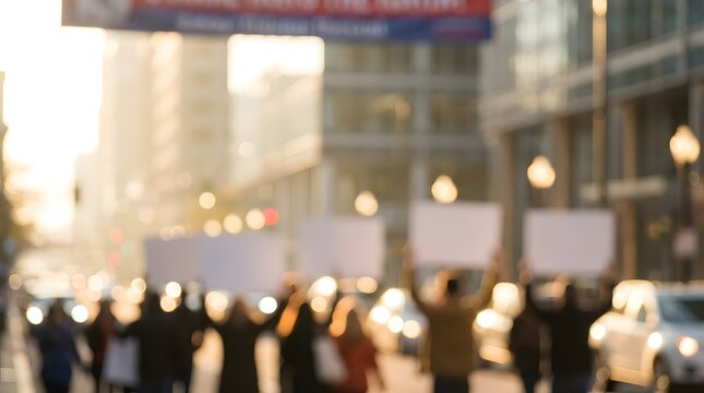 Blurred crowd of people protesting together with empty signs on a city street