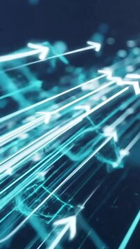 High speed digital data transfer represented by glowing blue arrows and streaming light trails.