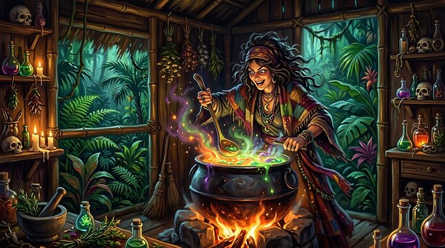 Sorceress brewing glowing magic potion in a cauldron inside jungle hut