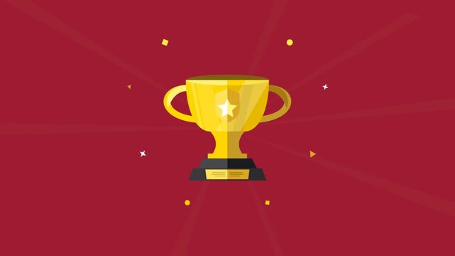 Golden trophy cup animation on red background representing success and victory.