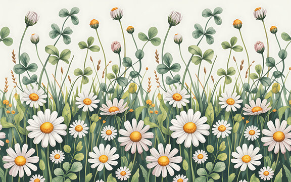 Pixel art seamless border with white daisy flowers and green grass foliage for retro game design